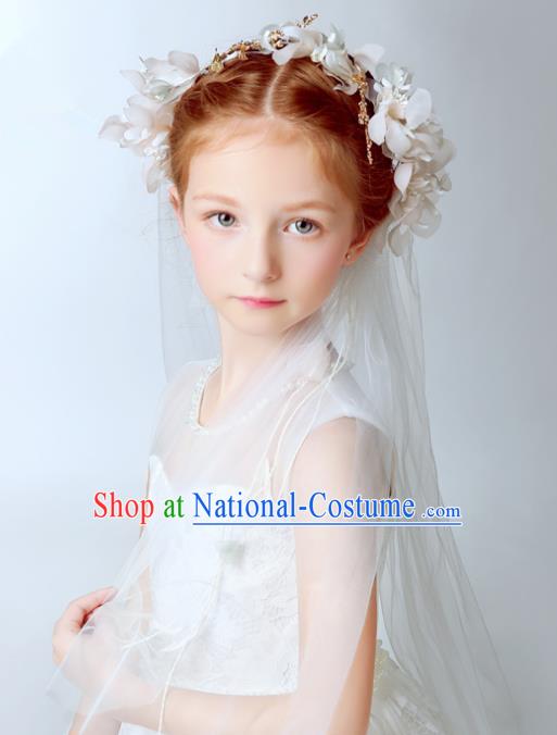 Handmade Children Hair Accessories White Flowers Head Bridal Veil, Princess Halloween Model Show Hair Clasp Headwear for Kids