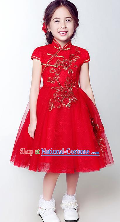 Children Model Show Dance Costume Red Beading Cheongsam, Ceremonial Occasions Catwalks Princess Full Dress for Girls