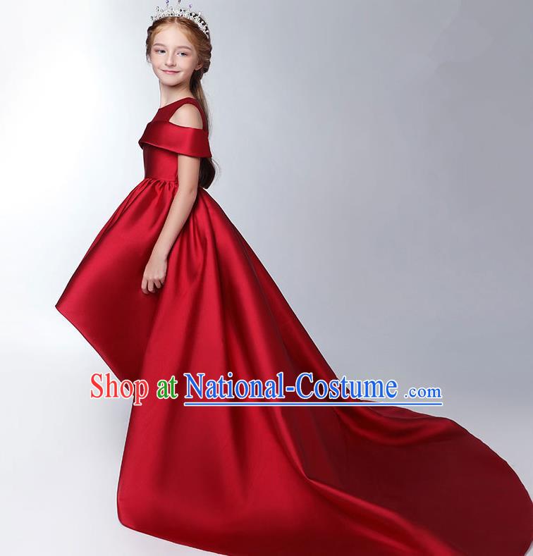 Children Model Show Dance Costume Wine Red Satin Trailing Dress, Ceremonial Occasions Catwalks Princess Full Dress for Girls