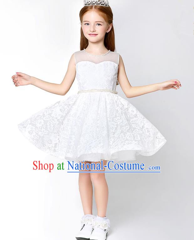 Children Model Show Dance Costume White Veil Dress, Ceremonial Occasions Catwalks Princess Full Dress for Girls