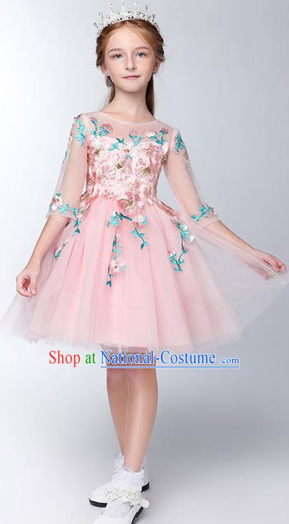 Children Model Show Dance Costume Pink Flowers Fairy Dress, Ceremonial Occasions Catwalks Princess Full Dress for Girls