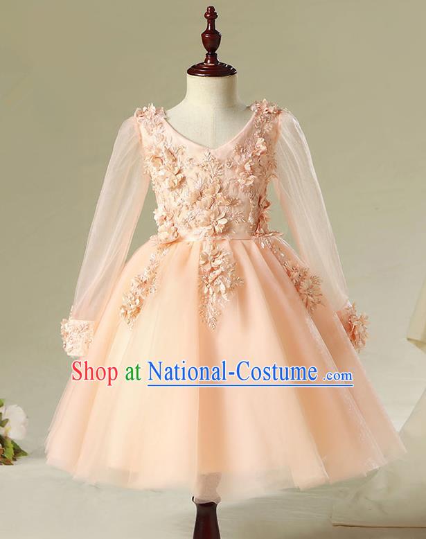 Children Model Show Dance Costume Flowers Fairy Orange Dress, Ceremonial Occasions Catwalks Princess Full Dress for Girls