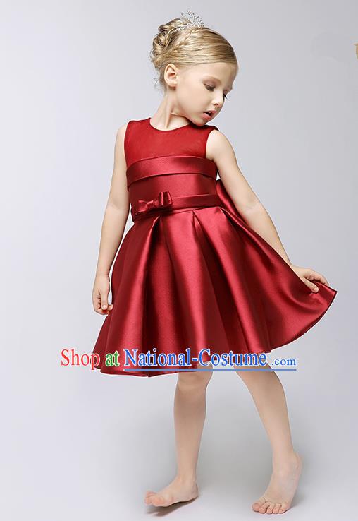 Children Model Show Ballet Dance Costume Wine Red Satin Dress, Ceremonial Occasions Catwalks Princess Full Dress for Girls