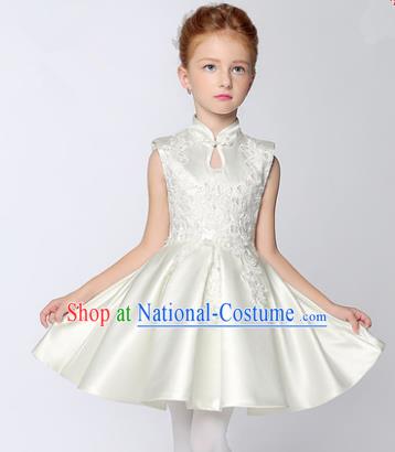 Children Model Show Dance Costume White Cheongsam Dress, Ceremonial Occasions Catwalks Princess Full Dress for Girls