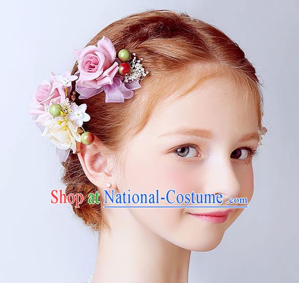 Handmade Children Hair Accessories Pink Flowers Hair Claw, Princess Halloween Model Show Hair Stick Headwear for Kids