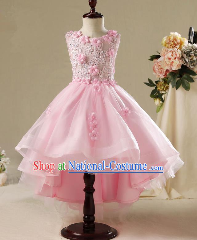 Children Model Show Ballet Dance Costume Pink Flowers Veil Dress, Ceremonial Occasions Catwalks Princess Full Dress for Girls