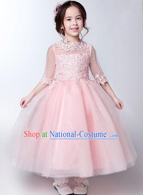 Children Model Show Ballet Dance Costume Pink Lace Dress, Ceremonial Occasions Catwalks Princess Full Dress for Girls