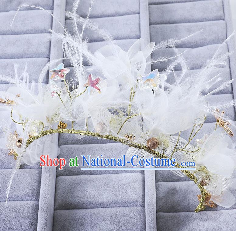 Handmade Children Hair Accessories Flowers Feather Royal Crown, Princess Halloween Model Show Hair Clasp Headwear for Kids