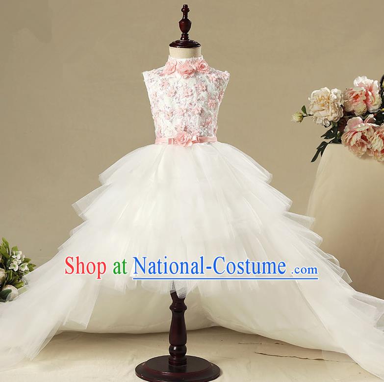 Children Model Show Dance Costume Trailing Veil Dress, Ceremonial Occasions Catwalks Princess Full Dress for Girls