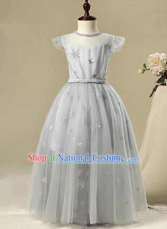 Children Model Show Dance Costume Grey Veil Dress, Ceremonial Occasions Catwalks Princess Full Dress for Girls