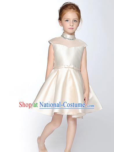 Children Model Show Dance Costume Crystal Beige Satin Full Dress, Ceremonial Occasions Catwalks Princess Dress for Girls