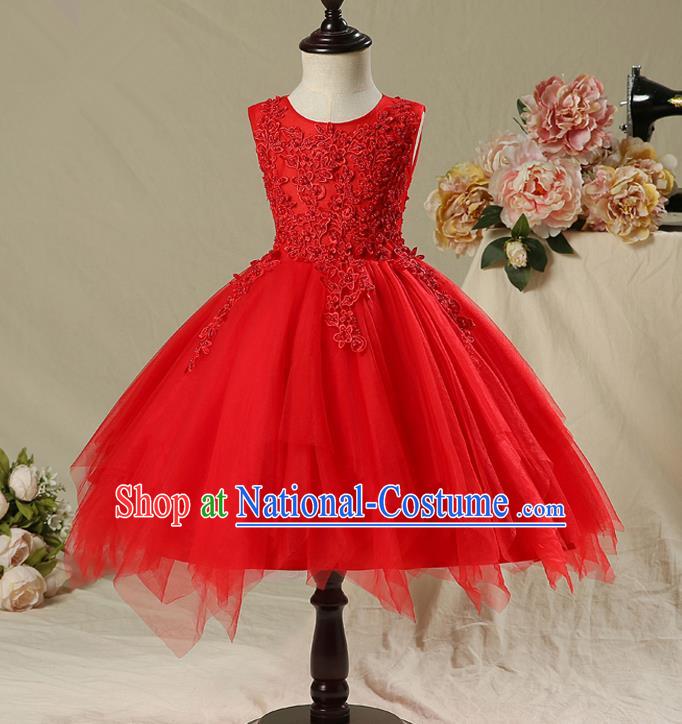 Children Model Show Dance Costume Red Veil Full Dress, Ceremonial Occasions Catwalks Princess Bubble Dress for Girls