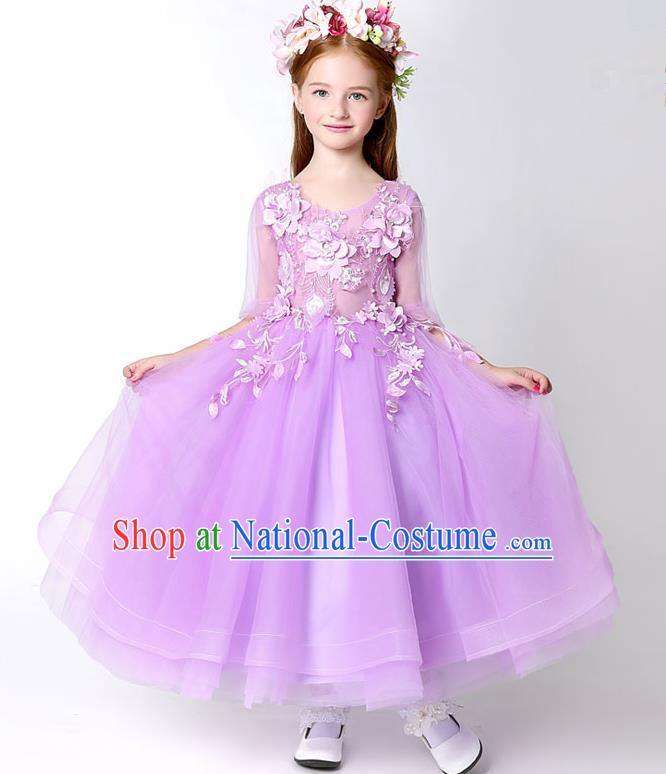 Children Model Show Dance Costume Flower Faerie Purple Veil Dress, Ceremonial Occasions Catwalks Princess Full Dress for Girls