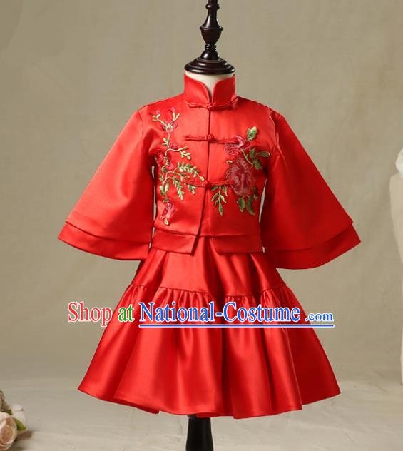 Children Model Show Dance Costume China Red Xiuhe Suit, Ceremonial Occasions Catwalks Princess Cheongsam for Girls