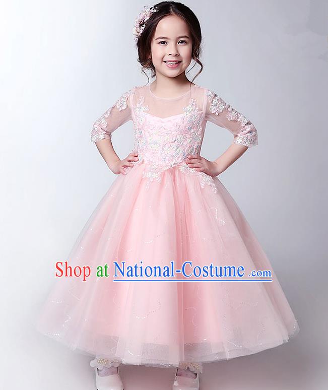 Children Model Show Dance Costume Pink Lace Full Dress, Ceremonial Occasions Catwalks Princess Dress for Girls