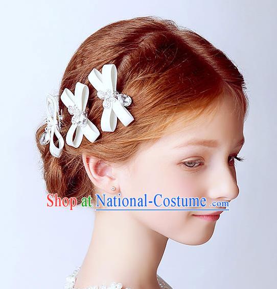 Handmade Children Hair Accessories White Bowknot Hair Stick, Princess Halloween Model Show Hair Claw Headwear for Kids