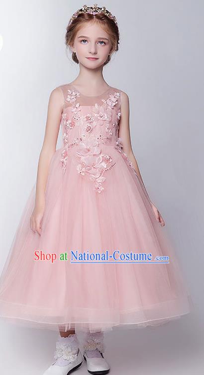 Children Model Show Dance Costume Embroidery Peach Blossom Pink Full Dress, Ceremonial Occasions Catwalks Princess Veil Dress for Girls