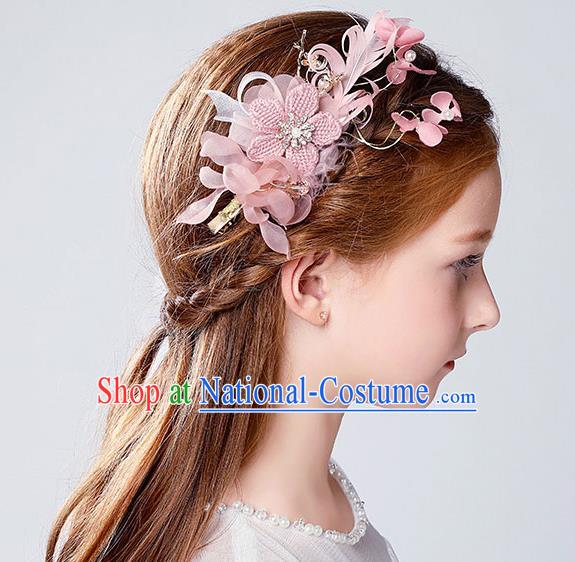 Handmade Children Hair Accessories Pink Flowers Hair Stick, Princess Halloween Model Show Hair Claw Headwear for Kids