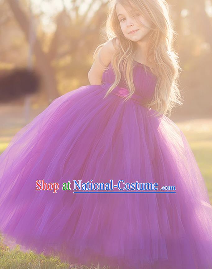 Children Model Show Dance Costume Purple Veil Full Dress, Ceremonial Occasions Catwalks Princess Dress for Girls