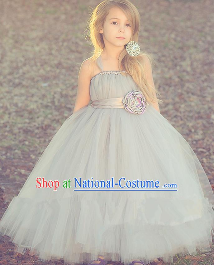 Children Model Show Dance Costume Grey Veil Full Dress, Ceremonial Occasions Catwalks Princess Dress for Girls