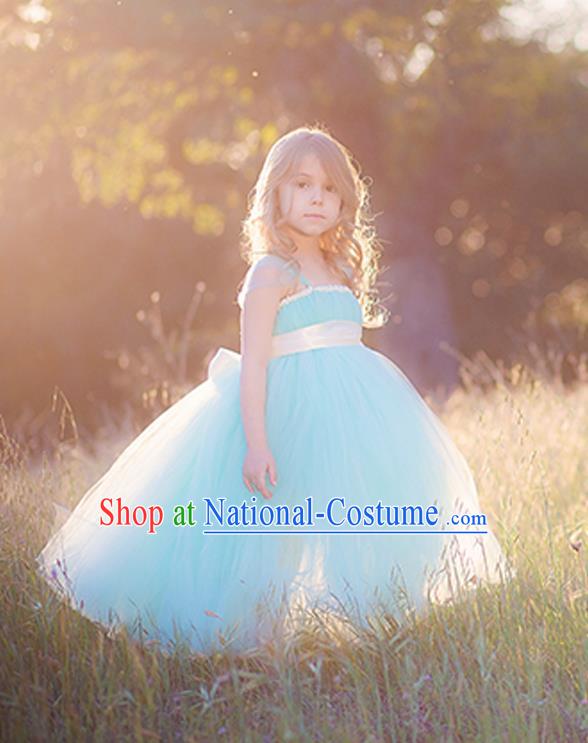 Children Model Show Dance Costume Blue Veil Full Dress, Ceremonial Occasions Catwalks Princess Dress for Girls