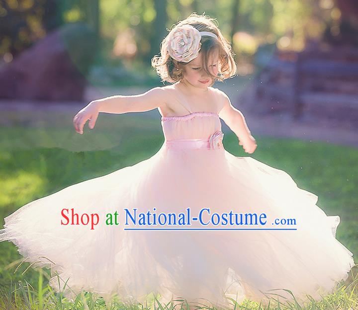 Children Model Show Dance Costume Pink Veil Full Dress, Ceremonial Occasions Catwalks Princess Dress for Girls