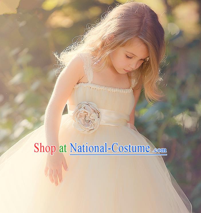 Children Model Show Dance Costume Champagne Veil Full Dress, Ceremonial Occasions Catwalks Princess Dress for Girls