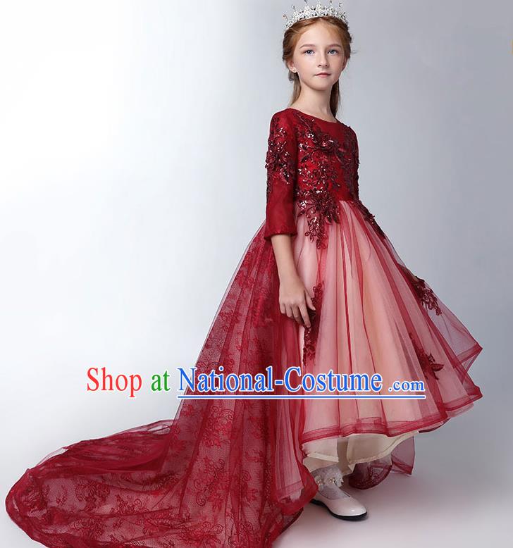 Children Model Show Dance Costume Red Lace Trailing Full Dress, Ceremonial Occasions Catwalks Princess Embroidery Dress for Girls