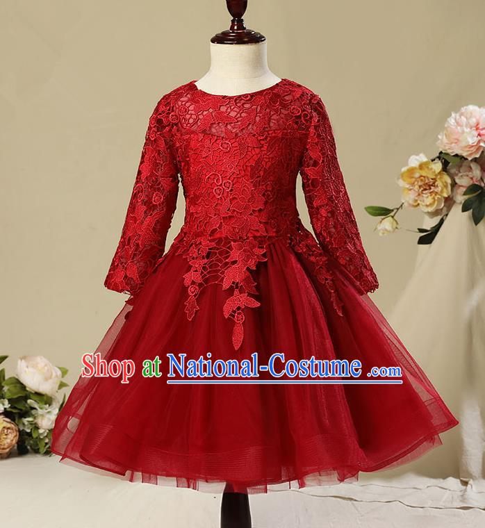 Children Model Show Dance Costume Red Veil Bubble Full Dress, Ceremonial Occasions Catwalks Princess Embroidery Dress for Girls