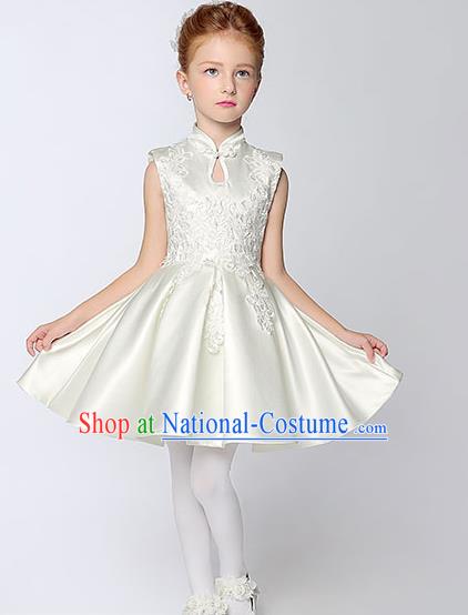 Children Model Show Dance Costume White Satin Cheongsam, Ceremonial Occasions Catwalks Princess Embroidery Dress for Girls