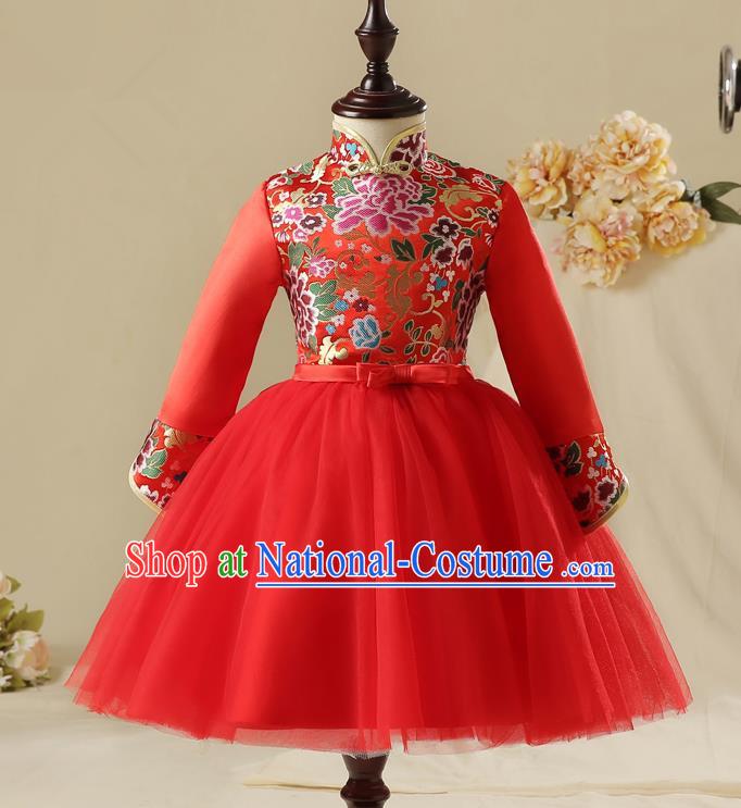 Children Model Show Dance Costume China Red Cheongsam, Ceremonial Occasions Catwalks Princess Embroidery Dress for Girls