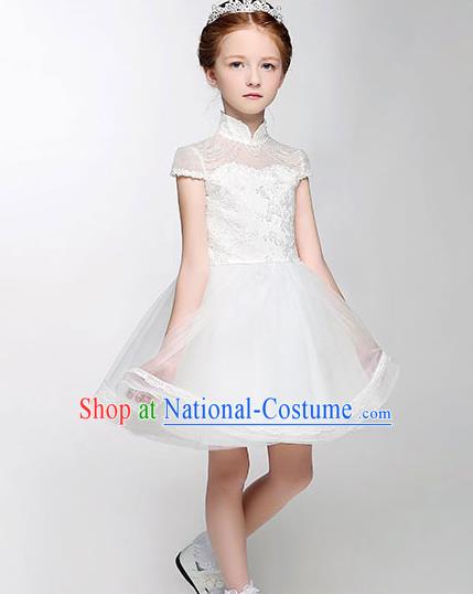 Children Model Show Dance Costume White Bubble Full Dress, Ceremonial Occasions Catwalks Princess Embroidery Dress for Girls