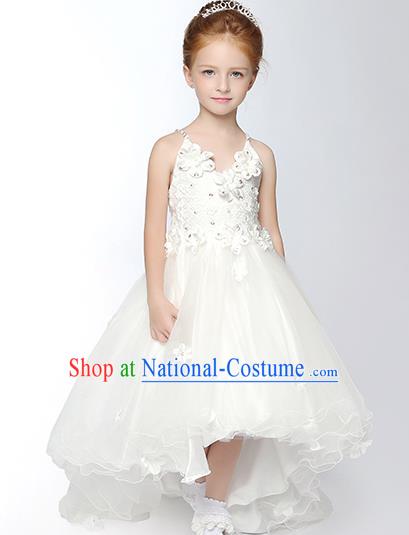 Children Model Dance Costume Compere White Veil Full Dress, Ceremonial Occasions Catwalks Princess Embroidery Dress for Girls