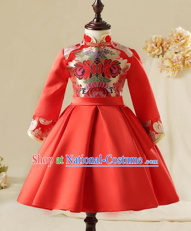 Children Model Dance Costume Compere China Red Cheongsam, Ceremonial Occasions Catwalks Princess Embroidery Dress for Girls