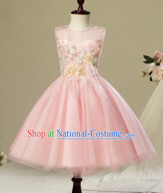 Children Model Dance Costume Compere Pink Veil Full Dress, Ceremonial Occasions Catwalks Princess Embroidery Dress for Girls