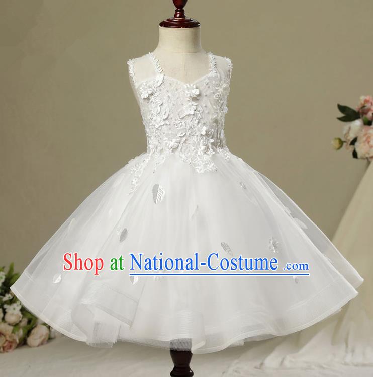 Children Model Dance Costume Compere White Veil Full Dress, Ceremonial Occasions Catwalks Princess Embroidery Dress for Girls