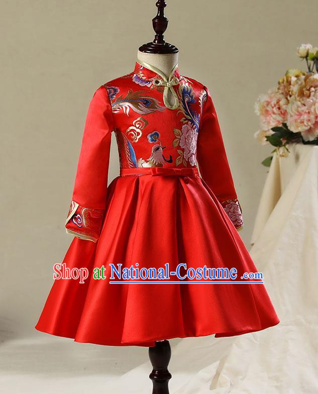 Children Model Dance Costume Compere China Red Satin Cheongsam, Ceremonial Occasions Catwalks Princess Embroidery Dress for Girls