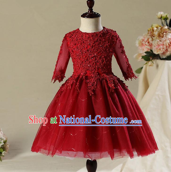 Children Modern Dance Costume Compere Wine Red Veil Embroidery Short Evening Dress Princess Dress for Girls