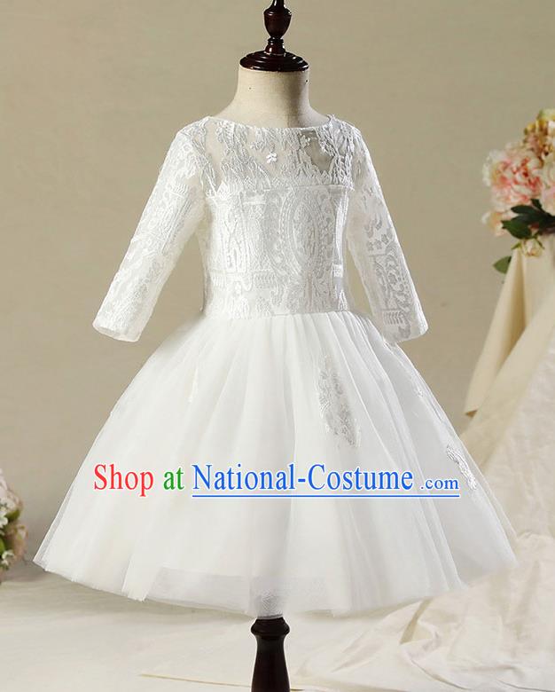 Children Modern Dance Costume Compere White Veil Embroidery Short Evening Dress Princess Dress for Girls