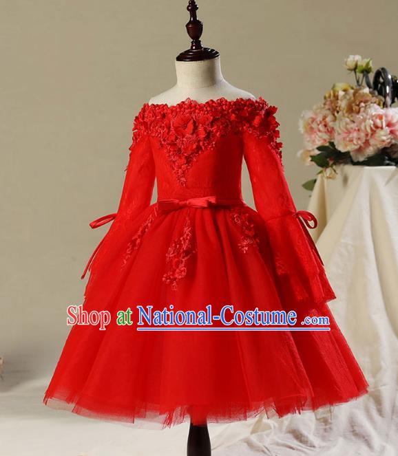 Children Modern Dance Costume Compere Red Veil Embroidery Short Evening Dress Princess Dress for Girls