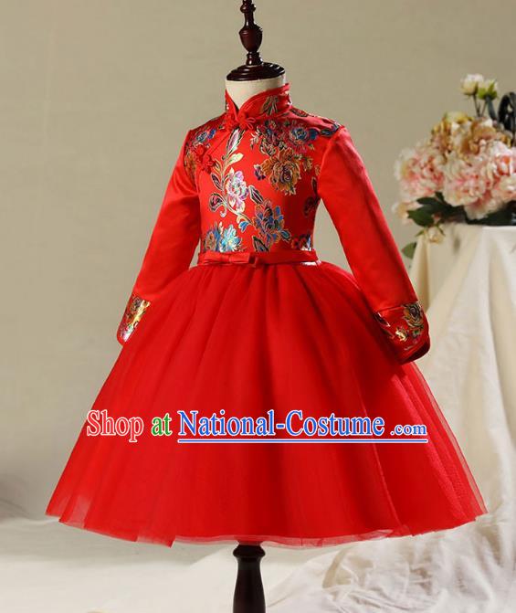 Children Model Dance Costume Compere Red Cheongsam Dress, Ceremonial Occasions Catwalks Princess Embroidery Dress for Girls