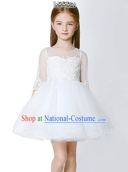 Children Model Dance Costume Compere White Veil Bubble Evening Dress, Ceremonial Occasions Catwalks Princess Embroidery Dress for Girls