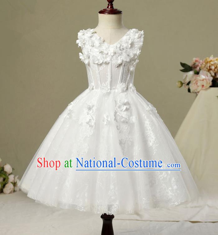 Children Modern Dance Costume Compere White Veil Embroidery Evening Dress Princess Bubble Dress for Girls