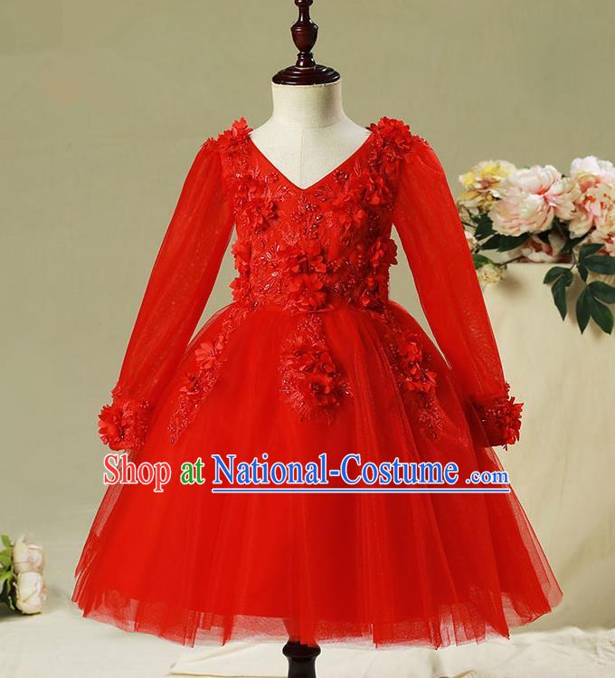 Children Modern Dance Costume Compere Red Veil Embroidery Evening Dress Princess Bubble Dress for Girls