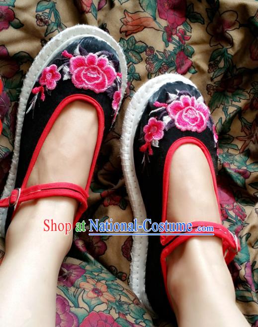 Asian Chinese National Embroidery Peony Black Cloth Shoes, Traditional China Princess Handmade Embroidered Shoes Hanfu Shoe for Women