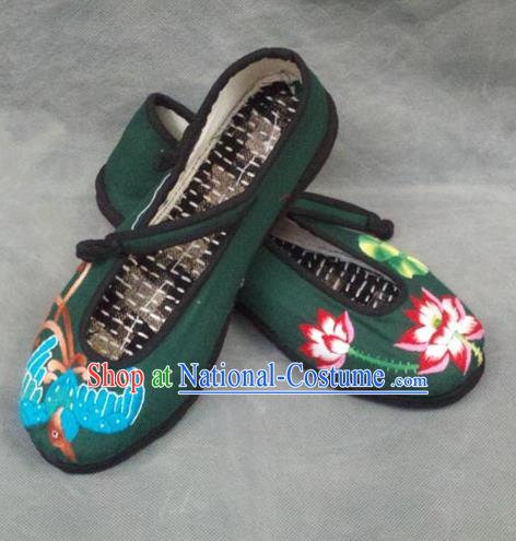 Asian Chinese National Green Embroidered Shoes, Traditional China Princess Handmade Shoes Hanfu Embroidery Lotus Shoe for Women