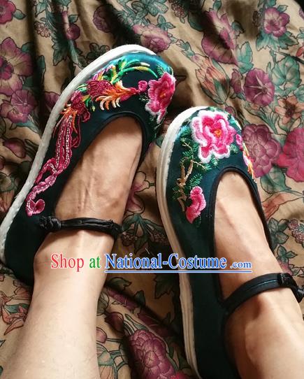 Asian Chinese National Embroidered Shoes, Traditional China Handmade Shoes Hanfu Embroidery Phoenix Peony Green Shoe for Women