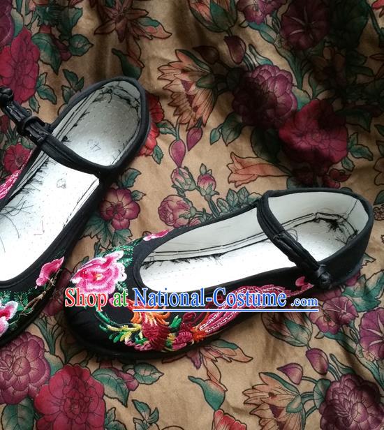 Asian Chinese National Embroidered Shoes, Traditional China Handmade Shoes Hanfu Embroidery Phoenix Peony Black Shoe for Women