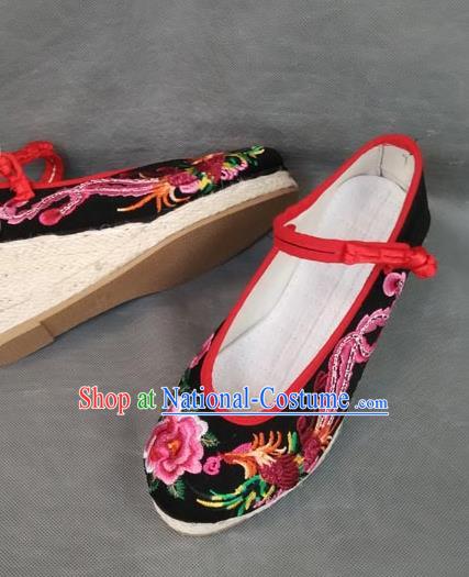 Asian Chinese National Embroidered Shoes, Traditional China Handmade Shoes Hanfu Embroidery Phoenix Peony Black Shoe for Women