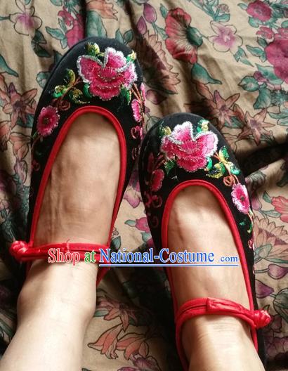 Asian Chinese National Embroidered Shoes, Traditional China Handmade Shoes Hanfu Embroidery Peony Black Shoes for Women